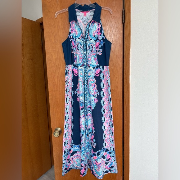 EUC Lilly Pulitzer Novah stretch midi dress Navy Shaka 12 - Picture 1 of 7